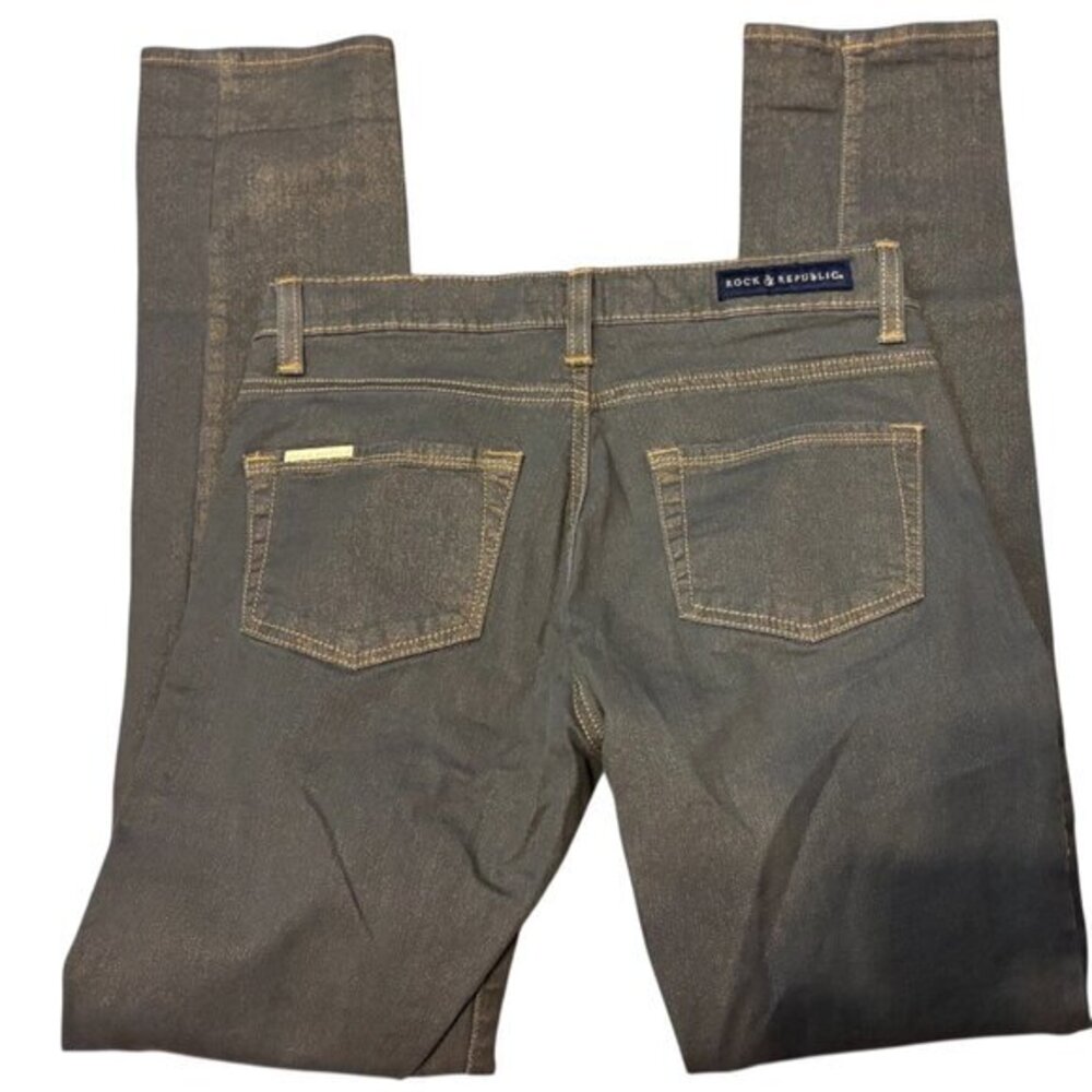 Rock & Republic Berlin ice cream Gray With Gold Shimmer Straight Leg Jeans Size